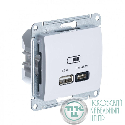 Розетка USB Glossa тип A+C 45Вт QC PD высокоскор. ЗУ механизм бел. SE GSL000129