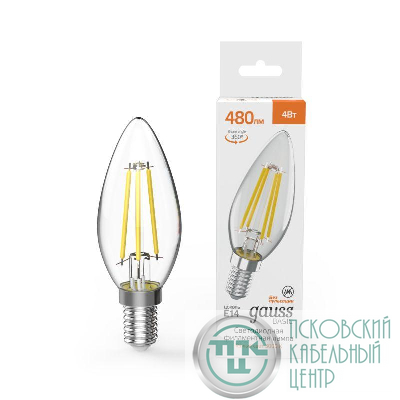 Лампа светодиодная филаментная Basic Filament 4Вт Свеча 3000К E14 480лм GAUSS 50312142