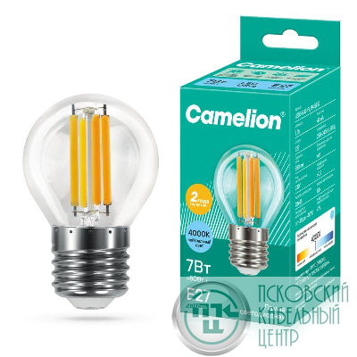 Лампа светодиодная филаментная LED7-G45-FL/845/E27 7Вт шар прозрачная 4500К бел. E27 220-240В Camelion 13459