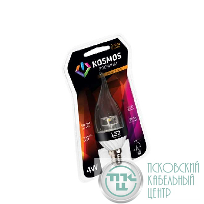 Лампа светодиодная KOSMOS premium 4Вт свеча на ветру прозрачная E14 230В 3000К Космос KLED4wCW230vE1427CL