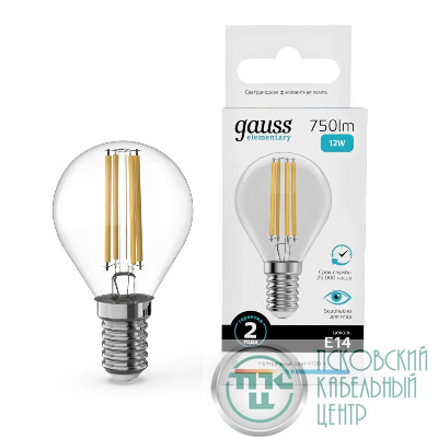 Лампа светодиодная филаментная Filament Elementary 12Вт шар 4100К Е14 750лм GAUSS 52122