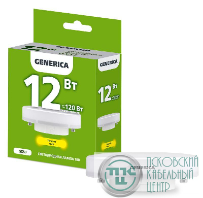 Лампа светодиодная T80 12Вт таблетка 3000К GX53 230В GENERICA LL-T80-12-230-30-GX53-G