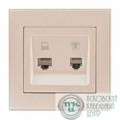 Розетка компьютерная + телефонная 2-м СП Rain RJ45 + RJ11 крем. LEZARD 703-0303-143