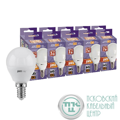 Лампа светодиодная PLED-SP 7Вт G45 3000К тепл. бел. E14 230В 50Гц (уп.10шт) JazzWay 1028365