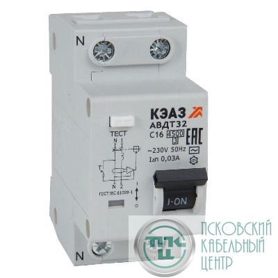 Выключатель автоматический дифференциального тока 2п C 16А 30мА тип AC 4.5кА АВДТ32-22C16-AC УХЛ4 КЭАЗ 318361