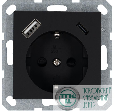 Розетка Shuko 16А с заземл. защ. шторки с 2-мя заряд. устройствами USB тип A+C 25Вт механизм черн. матов. soft touch Jasmart G5501USB-25PB