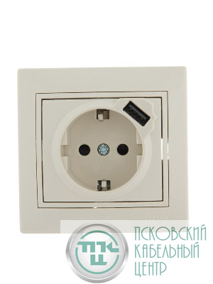 Розетка 1-м СП Mira 16А с заземл. + USB разъем крем. LEZARD 701-0303-181