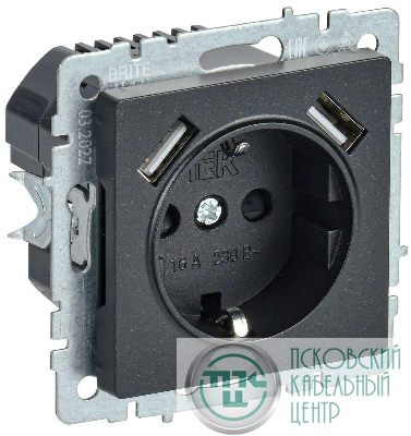 Розетка BRITE РЮш10-1-БрЧ 16А с USB A+A 2.1А с заземл. защ. шторки механизм черн. IEK BR-R14-16-U21-D21-K02