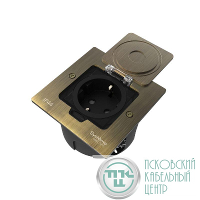 Лючок MultiDesk MDK21 с розеткой 2P+E 16А 250В IP44 с монтажной коробкой для стены фальшпола стола античная латунь SE MDK21102BA
