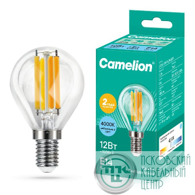Лампа светодиодная филаментная LED12-G45-FL/845/E14 12Вт шар прозрачная 4500К бел. E14 220В Camelion 13713