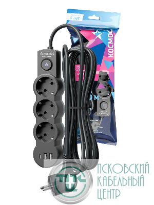 Удлинитель 3х1.5м с заземл. 10А IP20 USB 2800Вт 220В ПВС 3х1 с выкл. черн. КОСМОС YKsm1.5m3g-Z-VU10А-B