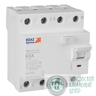Выключатель дифференциального тока (УЗО) 4п 63А 300мА тип AC 4.5кА OptiDin DM63-4463 УХЛ4 КЭАЗ 343905
