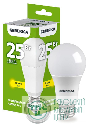 Лампа светодиодная A65 25Вт грушевидная 3000К E27 230В GENERICA LL-A65-25-230-30-E27-G