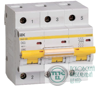 Выключатель автоматический модульный 3п D 63А 10кА ВА47-100 KARAT IEK MVA40-3-063-D
