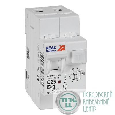 Выключатель автоматический дифференциального тока 2п OptiDin D63-23C25-AC-У3 C25 100мА 4.5кА с защитой от сверхтоков КЭАЗ 328107