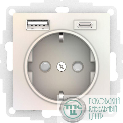Розетка AtlasDesign 16А с 2-мя заряд. устройствами USB тип A+C 5В/2.4А 2х5В/1.2А механизм жемчуж. SE ATN000432