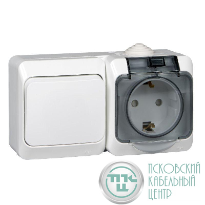 Блок ОП Этюд (розетка 16А 250В евростандарт с заземл. защ. шторки + 1-кл. выкл.) IP44 бел. SE BPA16-241B
