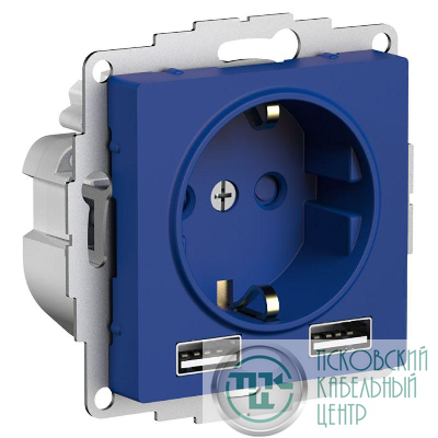 Розетка AtlasDesign 16А с 2-мя заряд. устройствами USB тип A+A 5В/2.4А 2х5В/1.2А механизм аквамарин SE ATN001130