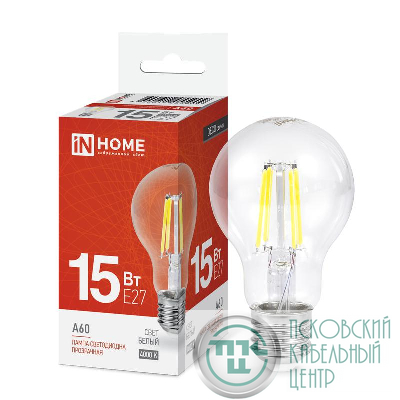Лампа светодиодная филаментная LED-A60-deco грушевидная прозрачная 15Вт 230В E27 4000К 1480лм IN HOME 4690612055909