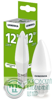 Лампа светодиодная C35 12Вт свеча 4000К E27 230В GENERICA LL-C35-12-230-40-E27-G