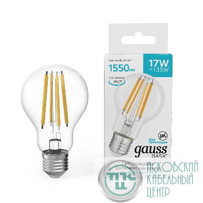 Лампа светодиодная филаментная Basic Filament А60 17Вт 4100К Е27 1550лм GAUSS 10212272