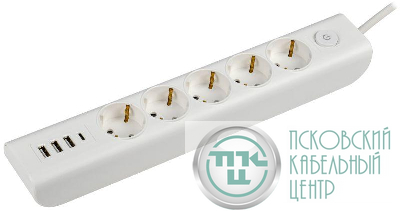 Удлинитель 5х2м с заземл. 16А 250В MODERN У05В с выкл. USBх4 (type-Aх3шт + type-Cх1шт) ПВС 3х1 бел. IEK WYP12-16-05-02-ZKU-K01