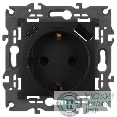 Розетка Elegance 14-4108-05 16A 250В 2P+E защ. шторки с USB type-A+C 3А 5В антрацит Эра Б0067724