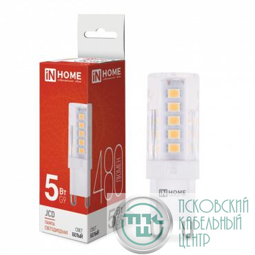 Лампа светодиодная LED-JCD 5Вт капсульная прозрачная 4000К нейтр. бел. G9 480лм 230В IN HOME 4690612036328