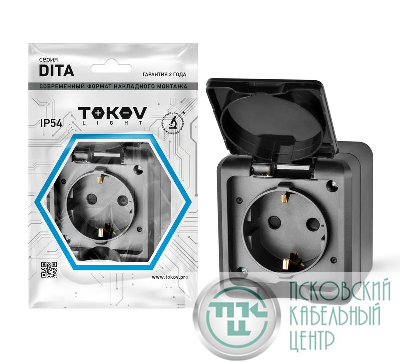 Розетка 1-м ОП Dita 16А IP54 250В с заземл. с крышкой карбон TOKOV ELECTRIC TKL-DT-R1Z-C14-IP54
