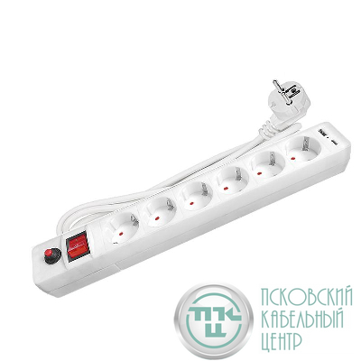Удлинитель с сетевым фильтром 6х1.8м с заземл. 10А IP20 2.2кВт USB type-A + type-C ПВС 3х0.75 с выкл. бел. UNIVersal 2543