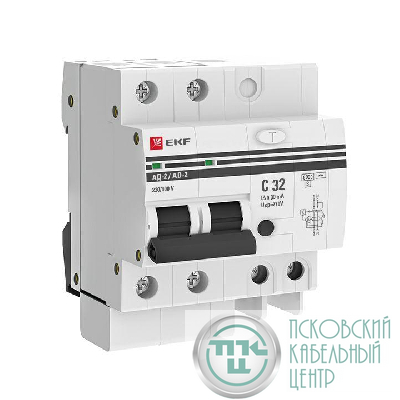 Выключатель автоматический дифференциального тока C 32А  30мА тип AC 6кА АД-2 (электрон.) защита 270В PROxima EKF DA2-6-32-30-pro