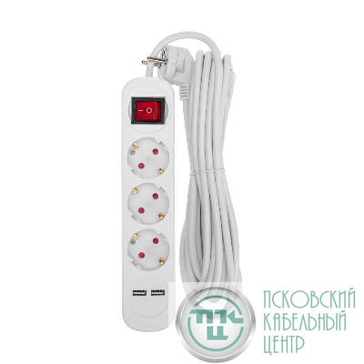 Удлинитель 3х5м с заземл. STANDARD 2хUSB 3х1кв.мм с выкл. бел. Rexant 13-4017