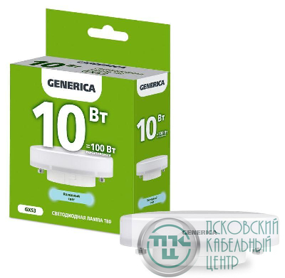 Лампа светодиодная 10Вт T80 таблетка 6500К холод. бел. GX53 1000лм 230В GENERICA LL-T80-10-230-65-GX53-G