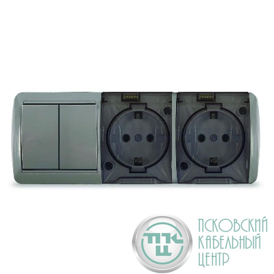 Блок ОП Клио 2-кл. выкл. 10А + розетка 2-м 16А 250В с заземл. с прозр. крышкой сер. Universal К2240-Gr