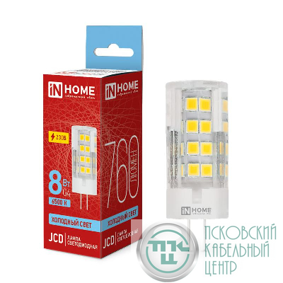 Лампа светодиодная LED-JCD 8Вт капсульная прозрачная 6500К холод. бел. G4 760лм 230В IN HOME 4690612036229