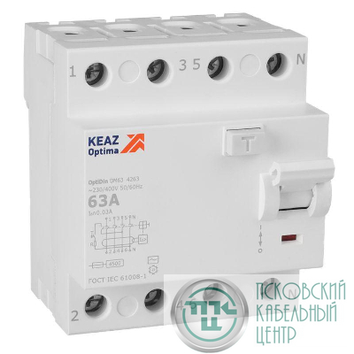 Выключатель дифференциального тока (УЗО) 4п 63А 30мА тип AC 4.5кА OptiDin DM63-4263 УХЛ4 КЭАЗ 343893