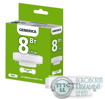Лампа светодиодная T80 8Вт таблетка 4000К GX53 230В GENERICA LL-T80-08-230-40-GX53-G