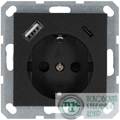 Розетка Shuko 16А с заземл. защ. шторки с 2-мя заряд. устройствами USB тип A+C 25Вт механизм антрацит Jasmart G5501USB-25B