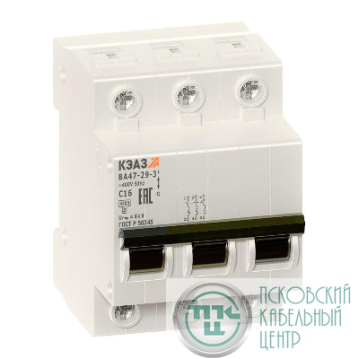 Выключатель автоматический модульный 3п C 63А 4.5кА ВА47-29-3C63-УХЛ3 КЭАЗ 141621