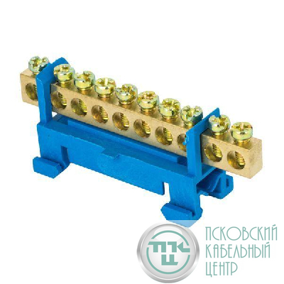 Шина нулевая N 6х9 10 отверстий синий изолятор тип "Стойка" на DIN-рейку латунь розн. стикер PROxima EKF sn0-63-10-sb-r