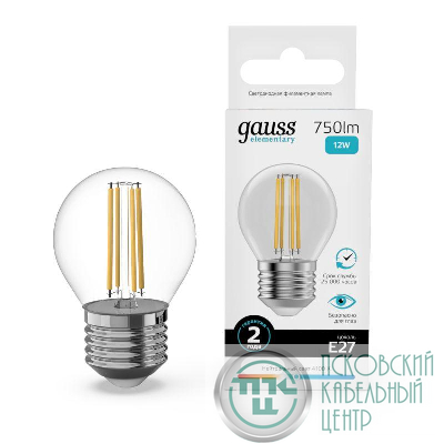 Лампа светодиодная филаментная Filament Elementary 12Вт шар 4100К Е27 750лм GAUSS 52222