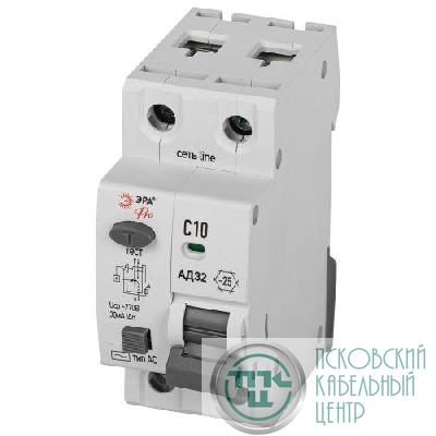 Выключатель автоматический дифференциального тока 1P+N C 10А 30мА тип AC защита 230В АВДТ 4.5кА PRO D32E2C10AC30P АД32 электронное Эра Б0057356