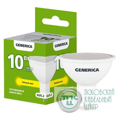 Лампа светодиодная MR16 10Вт софит 3000К GU5.3 230В GENERICA LL-MR16-10-230-30-GU5-G