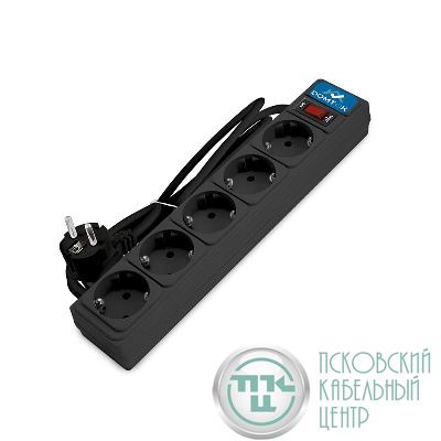 Удлинитель с сетевым фильтром 5х1.8м с заземл 10А IP20 2.2кВт ПВС 3х1 с выкл. черн. DOMTOK 2537