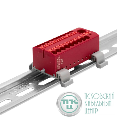 Блок распределительный с горизонт. адаптером на рейку шир. 35мм зажим push-in 1 ввод 6кв.мм 18 точек подключения 2.5кв.мм красн. DKC DTP1-118-104SPUR-H