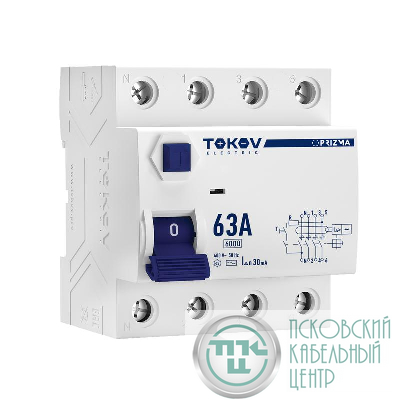 Выключатель дифференциального тока (УЗО) 4п (3P+N) 63А 30мА тип AC 6кА PRIZMA TOKOV ELECTRIC TKE-PZ60-RCDM-4-63-30-AC