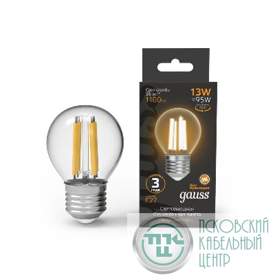 Лампа светодиодная филаментная Black Filament 13Вт P45 шар 2700К тепл. бел. E27 1100лм GAUSS 105802113