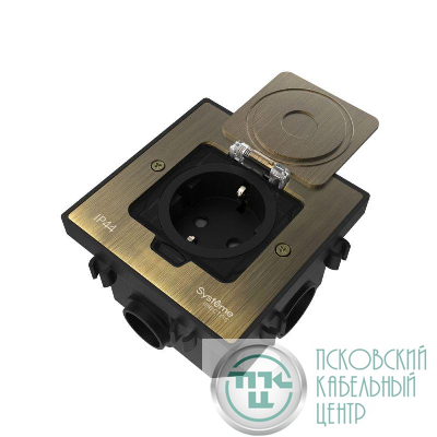 Лючок MultiDesk MDK21 с розеткой 2P+E 16А 250В IP44 с монтажной коробкой для бетонных полов античная латунь SE MDK21202BC