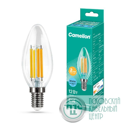 Лампа светодиодная филаментная LED12-C35-FL/845/E14 12Вт свеча прозрачная 4500К бел. E14 220-240В Camelion 13709
