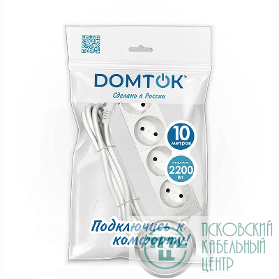Удлинитель 4х10м без заземл. 10А IP20 2.2кВт ПВС 2х1 бел. DOMTOK 2355